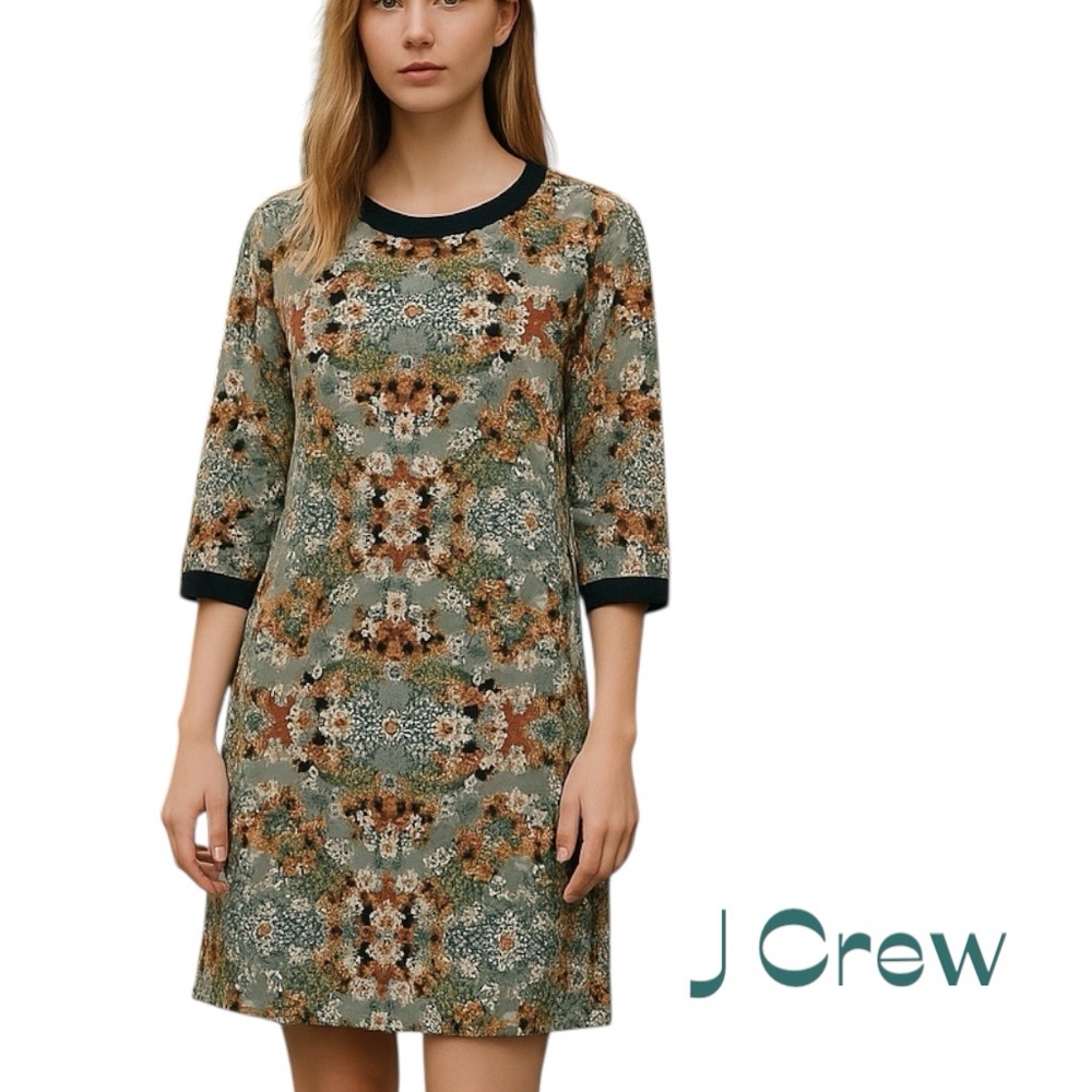 J. Crew Green Floral Shift Dress with Black Trim